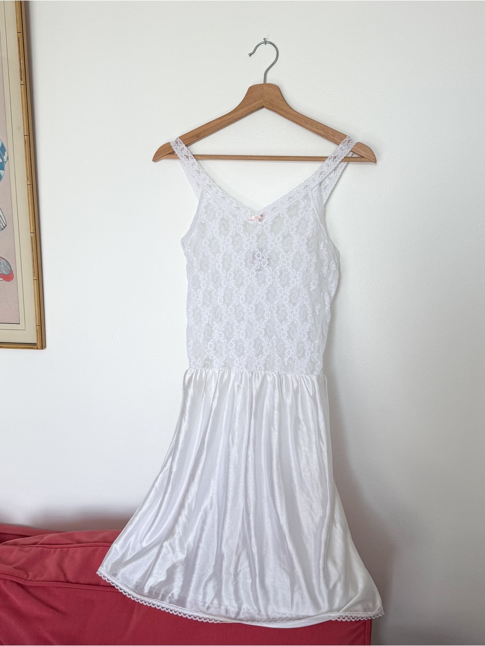 White Lace Sheer Satin Slip Dress with Delicate Lace Straps